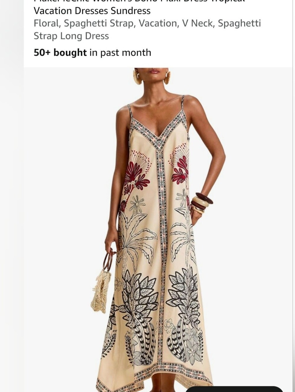 Bohemian V-Neck Spaghetti Strap Maxi Dress in Beige with Floral Motifs